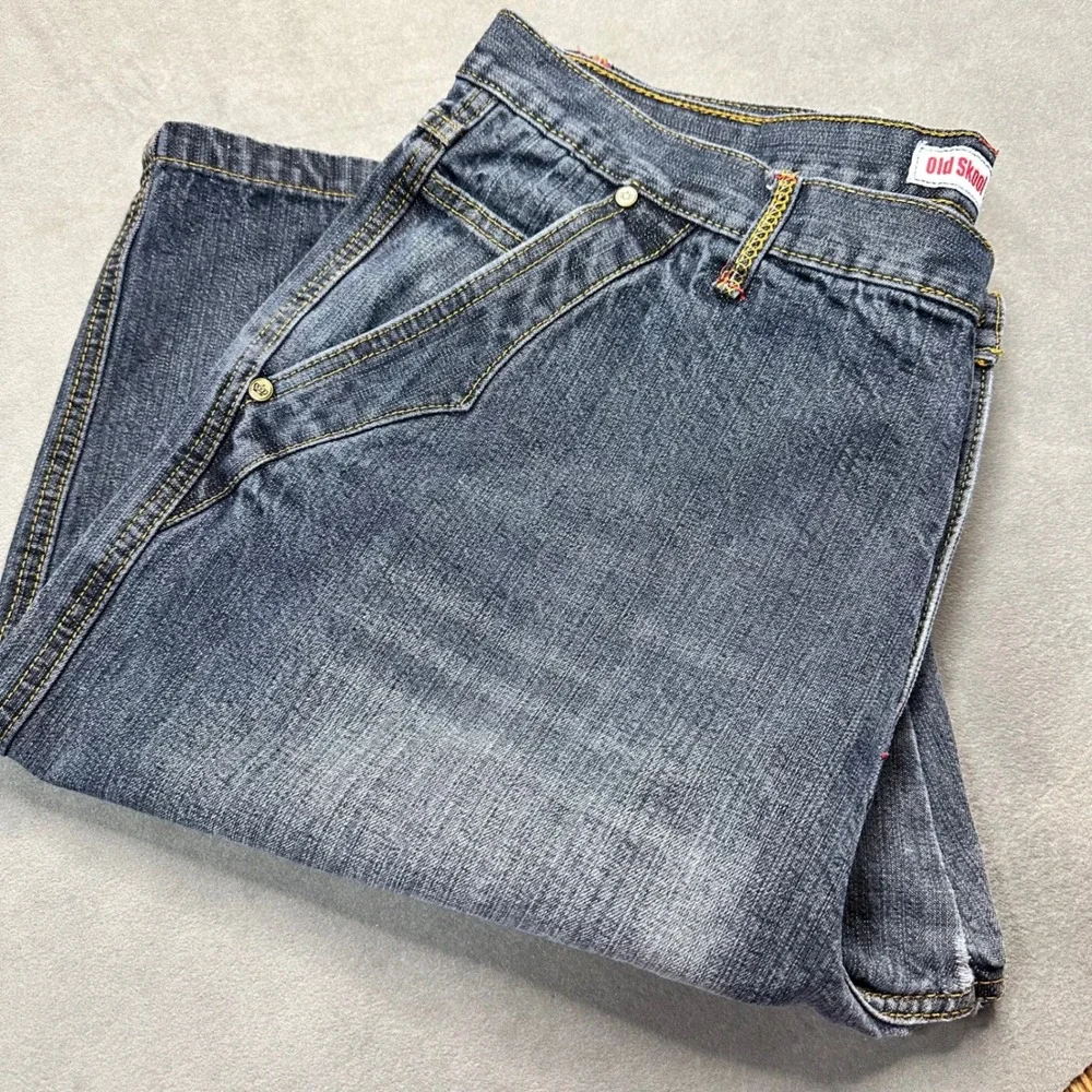 Old Skool Jeans Men 37x32 Dark Wash Embroidered Baggy Y2K Streetwear Excellent